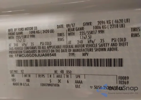 2018 Ford Escape Se from USA, damaged, VIN 1FMCU0GD9JUA08548